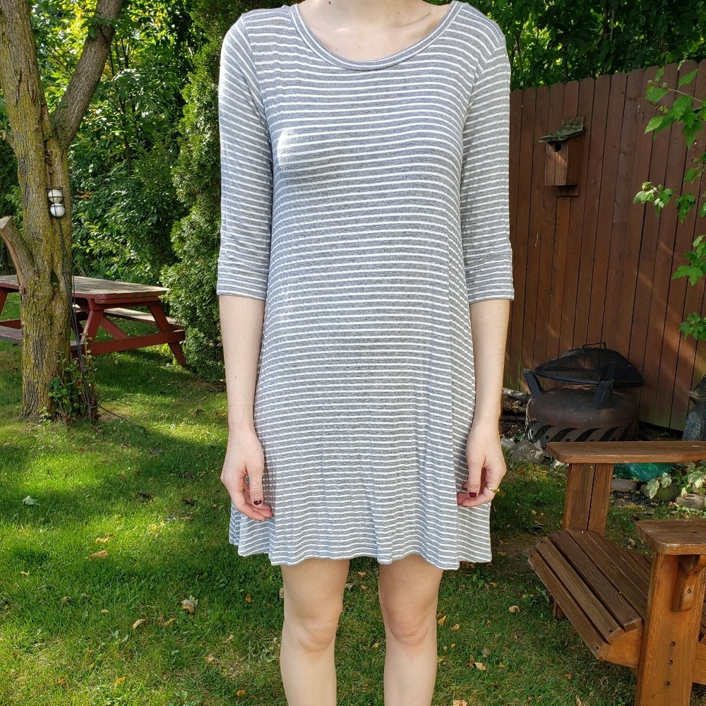 Gray & White Swing Dress | Pockets | 3/4 Sleeves